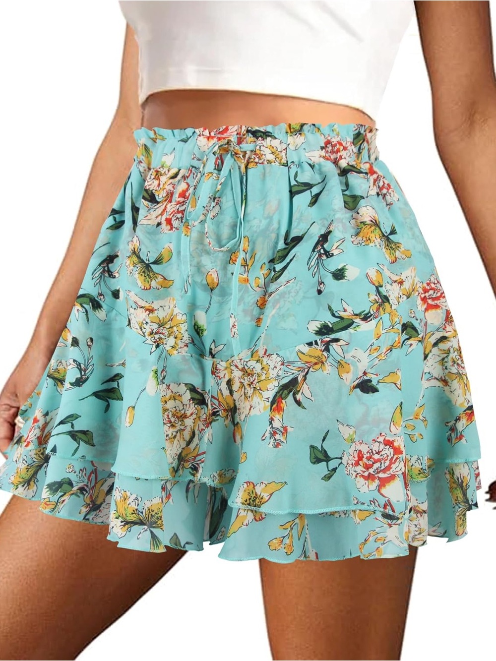 Floral Tiered Ruffle Skort - Aqua